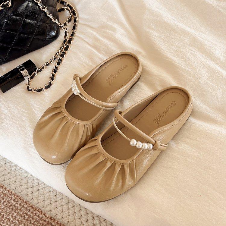 

Baotou slippers women s outer wear spring 2025 new flat bottom soft bottom one pedal pregnant woman Mary Jane half slippers 40 абрикосовый