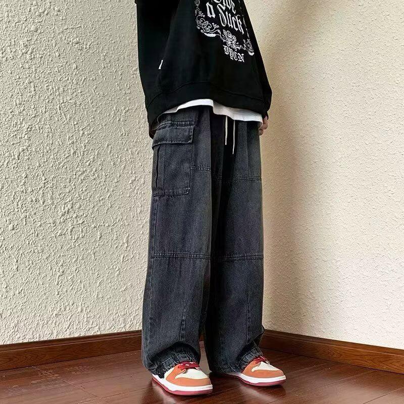 Men/Women Oversized Cargo Pants Vintage Drawstring Multiple Pockets Elastic Waist Solid Color Baggy Denim Pants Wide Leg Trouser