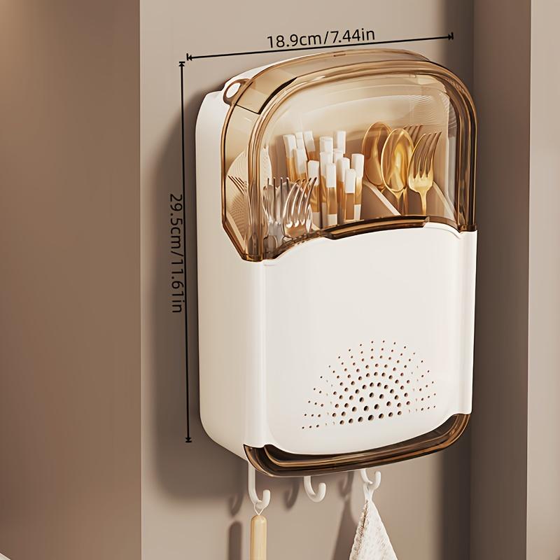 A Wall-Mounted Kitchen Chopstick Holder - a No-Drill Cutlery Storage Box with a Draining Tray, Multifunctional Kitchen Shelf with Hooks, Removable