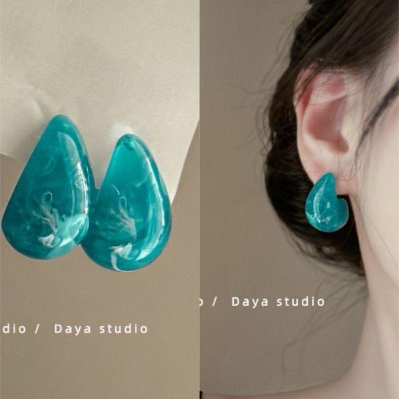 Elegant Blue Water Drop Dangle Earrings: Artistic Hoop and Stud Design, Simple and Niche Style for Women