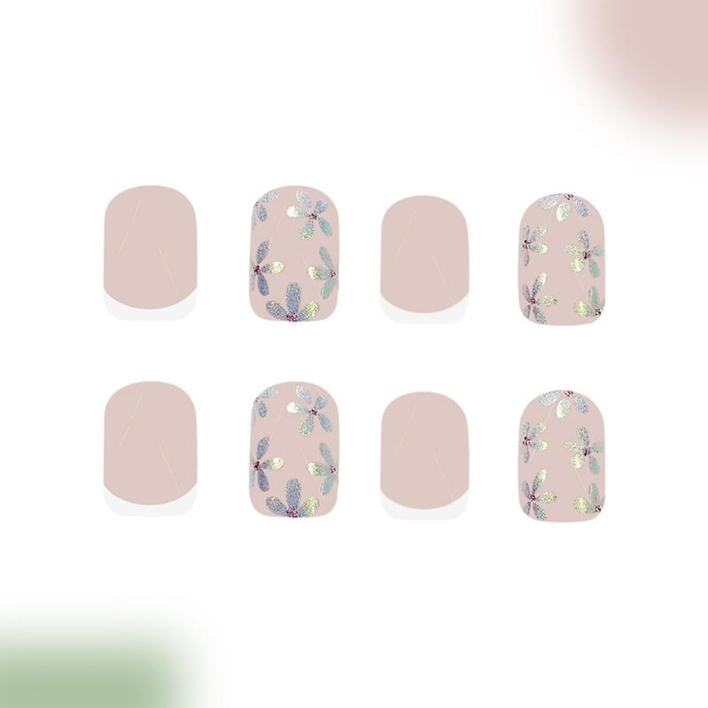 French Acrylic Naiil Short Square False Nail Glossy Full Cover Flower Press on Nail Manicure Nail Art for Women