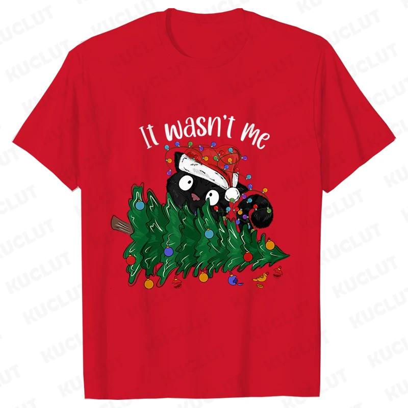 It Wasn's Me Christmas Cat Men T-shirt Christmas Tree Casual Fashion Xmas Aesthetic Short Sleeve Tees
