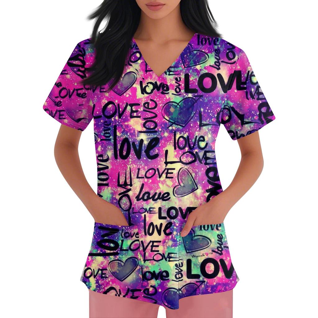 Damen V-Ausschnitt Cartoon-Print Kurzarm Tasche Seitenschlitz Schutzkleidung Oberteil