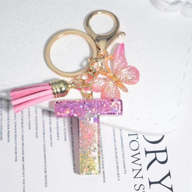 Fashion 26 English A-Z Initial Letter Resin Keychain Cute Butterfly Tassel Keyring Backpack Charm Pendent Accessories Gift