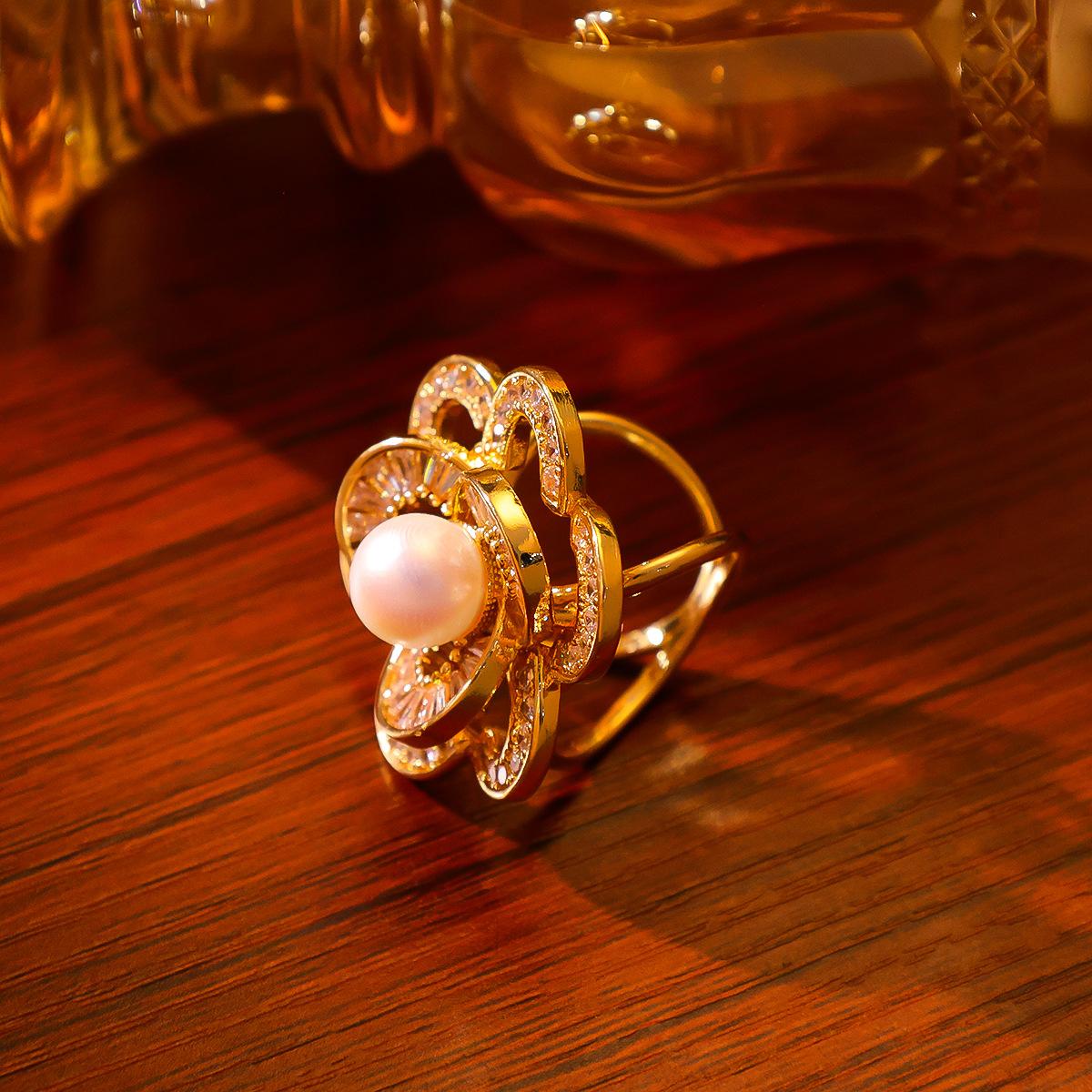 French High-end Temperament Pearl Light Luxury Style Full Of Diamonds Zircon Flower Ring