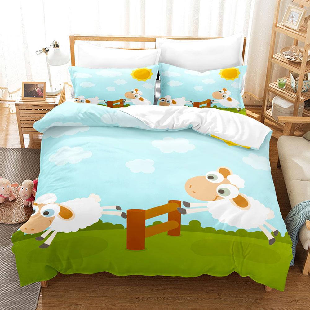 Sada povlaků na přikrývky se zvířaty Kreslený vzor s motivem bílé ovce Kawaii King Queen Twin Plná velikost pro děti Teens Polyester Sada povlečení