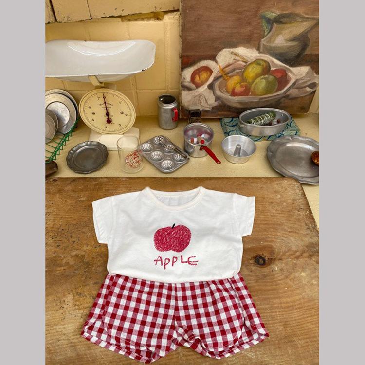 Korean 2026 Kids' Summer Fruit Tee & Plaid Shorts Set