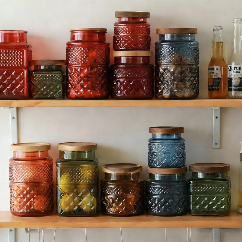 Glazen Bewaarpot Met Bamboe Deksel Voor Keukenorganisatie En Decoratie Geometrisch Patroon Koekjesbus
