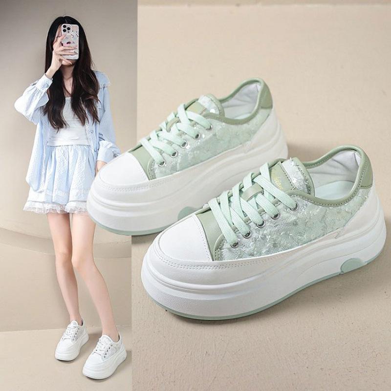 Rubber Women's Shoes Spring Four Seasons New Shoes Lace-up Beige Light Blue Green Single Shoes Increase Height and Breathability