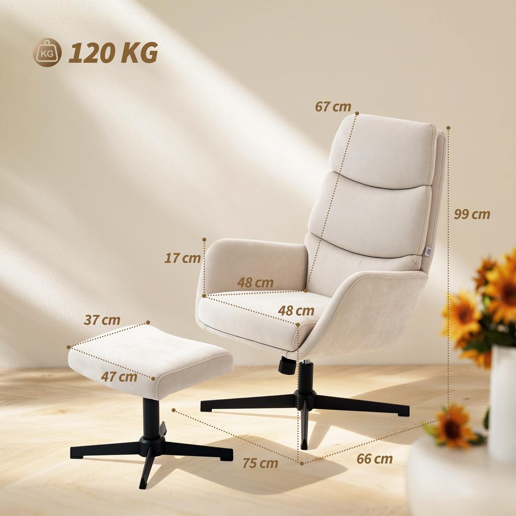 Upholstered Armchair with Footstool, Lounge Chair with High Backrest, Metal Base, for Living Room, Bedroom, Beige