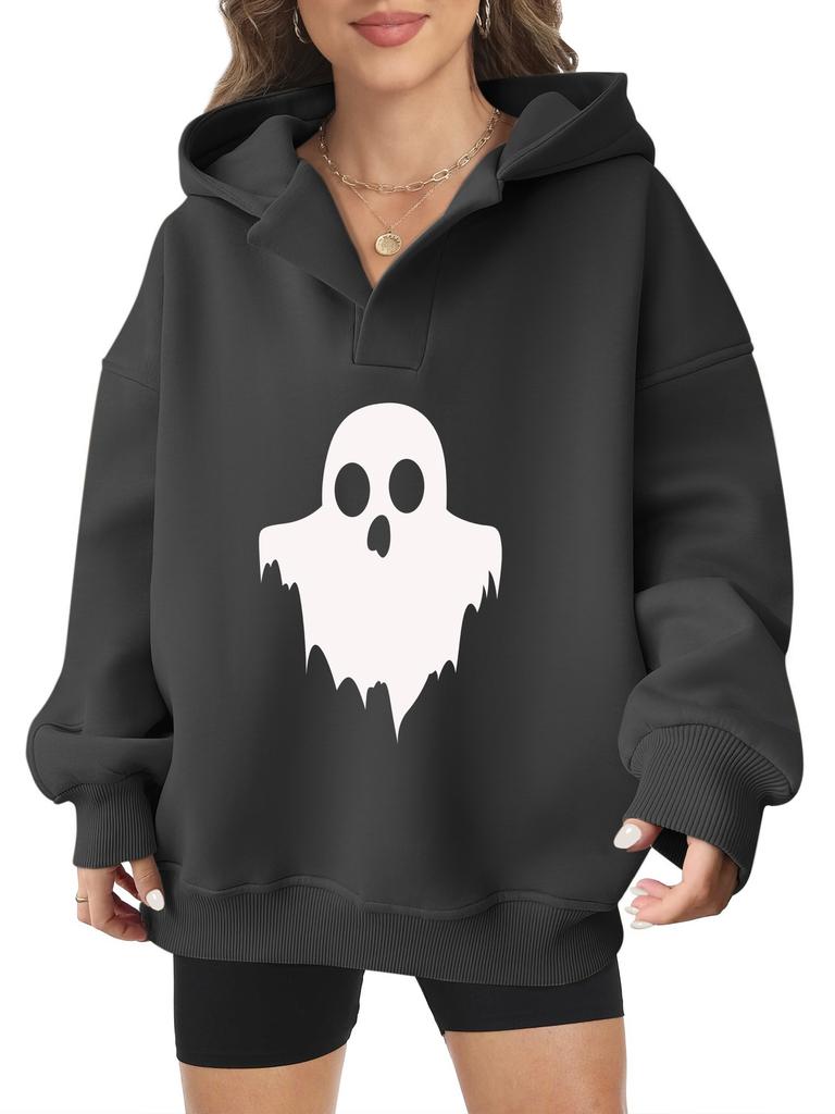 2025 new European and American Halloween women's hooded sweater front and rear pattern winter fleece loose casual
