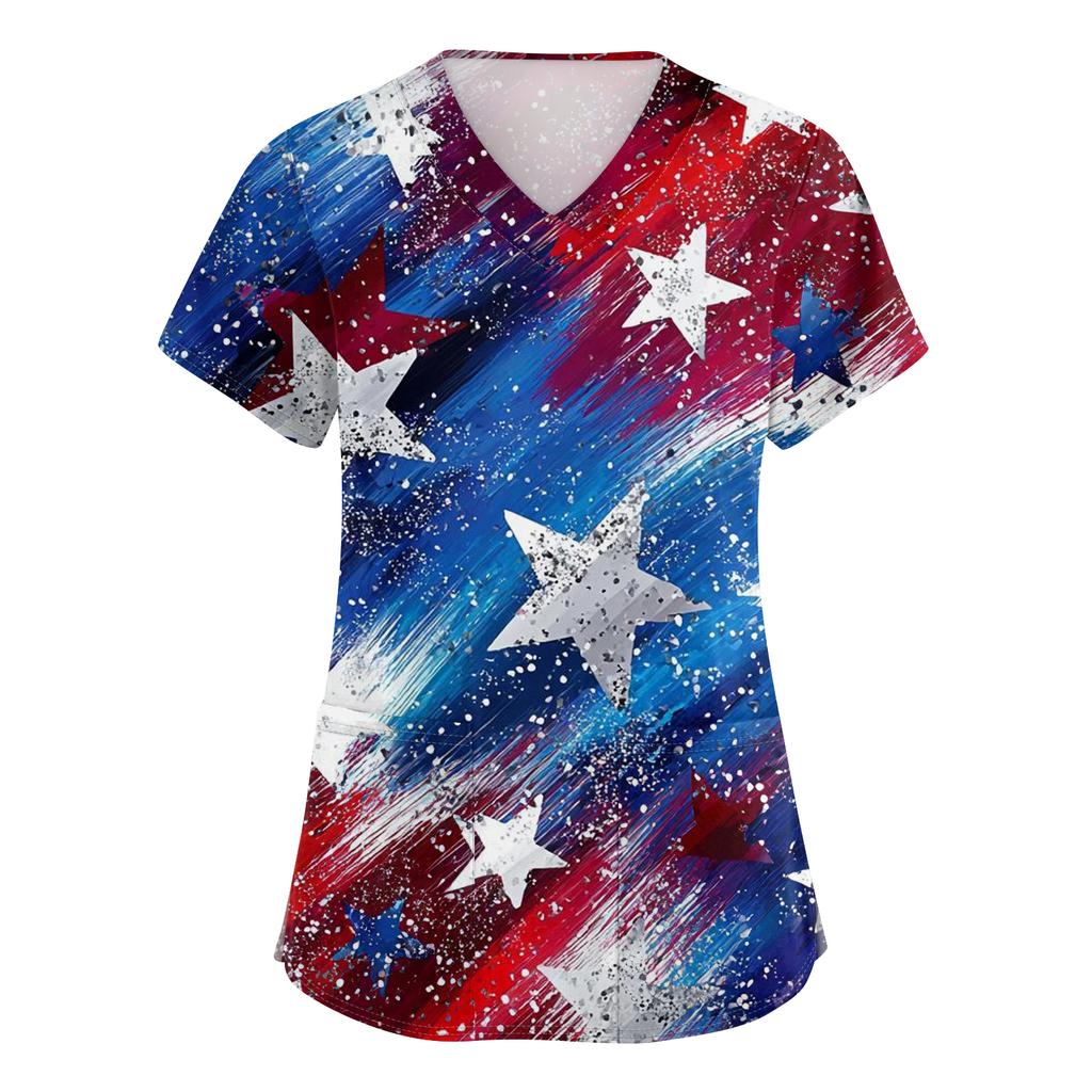 Women's V-neck Independence Day print short-sleeved pocket side-opening protective work shirt