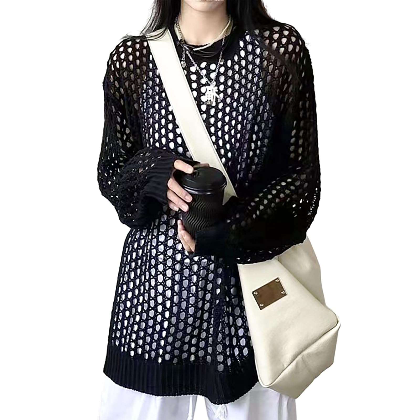 

Narebualo Cietupoop Свитер женский летний вязаный ажурный свободного кроя с длинным рукавом, защищающий от УФ-лучей и кондиционирования воздуха, однотонный, с открытой кожей, Свитер, Вязаный, Посадка, Топ, Сетка, чёрный