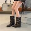 Cowhide Version Pointed Middle Boots Women's Autumn and Winter New Belt Buckle Thick Heel Knight Pleated Pile Boots Leather Thin Boots