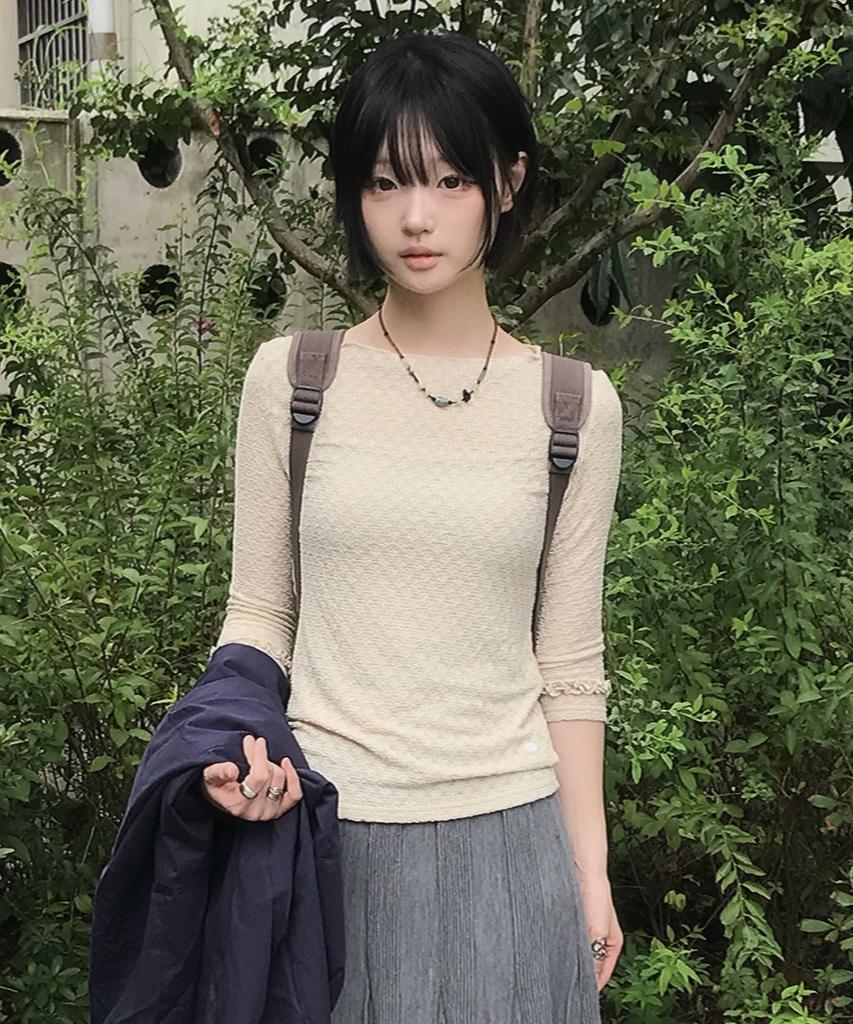 SOME PLACE Wrinkle Frill Point Boat Neck Semi-Slim 3/4 Long Sleeve T-Shirt_3 Colors