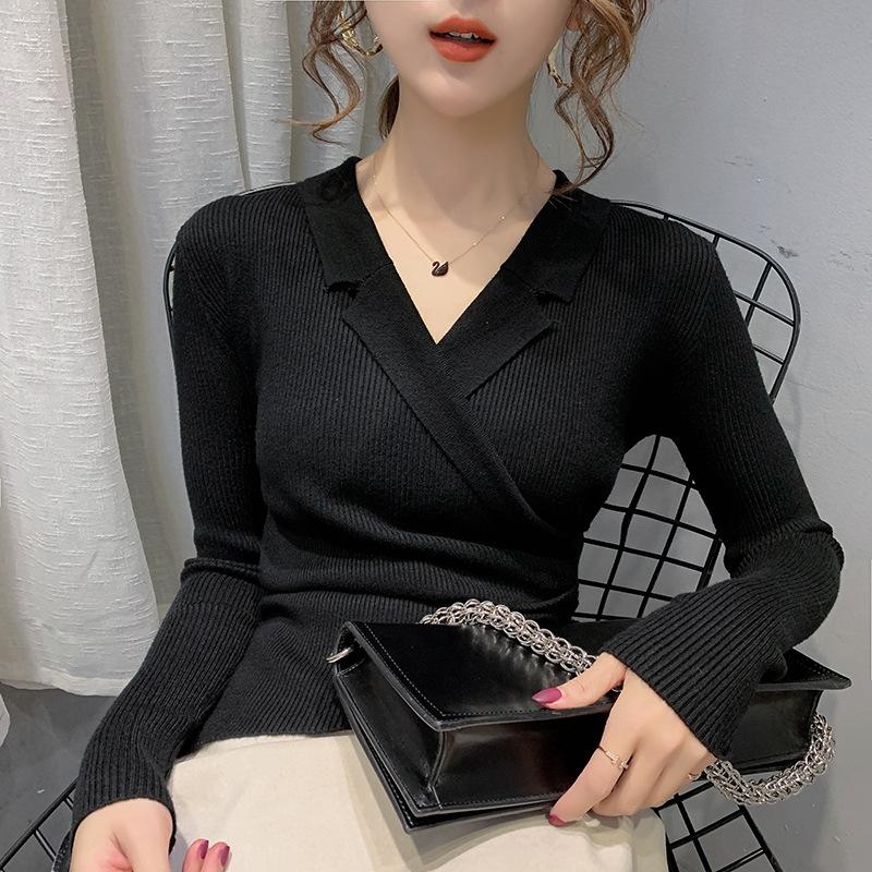 V-neck Solid Color Sweater Women's Inner Wear Autumn and Winter New Foreign Style Slim-fitting Outer Wear Pullover Knitted Sweater