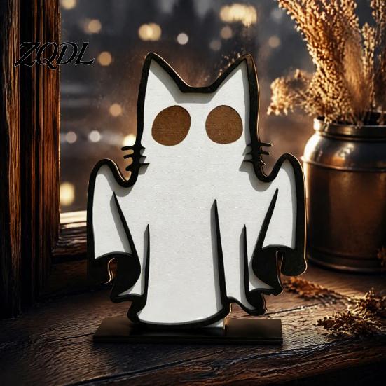 Minimalist Halloween Party Favors Ghost Cat Ornament, Wooden Decoration, Spooky Cute Fall Seasonal Table Centerpieces Centerpiece for Home Office