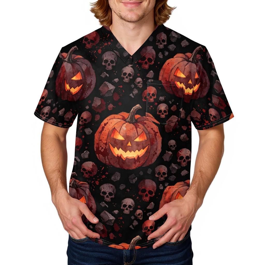Herren Kurzarm Kasack mit Halloween-Print Arbeitsuniform