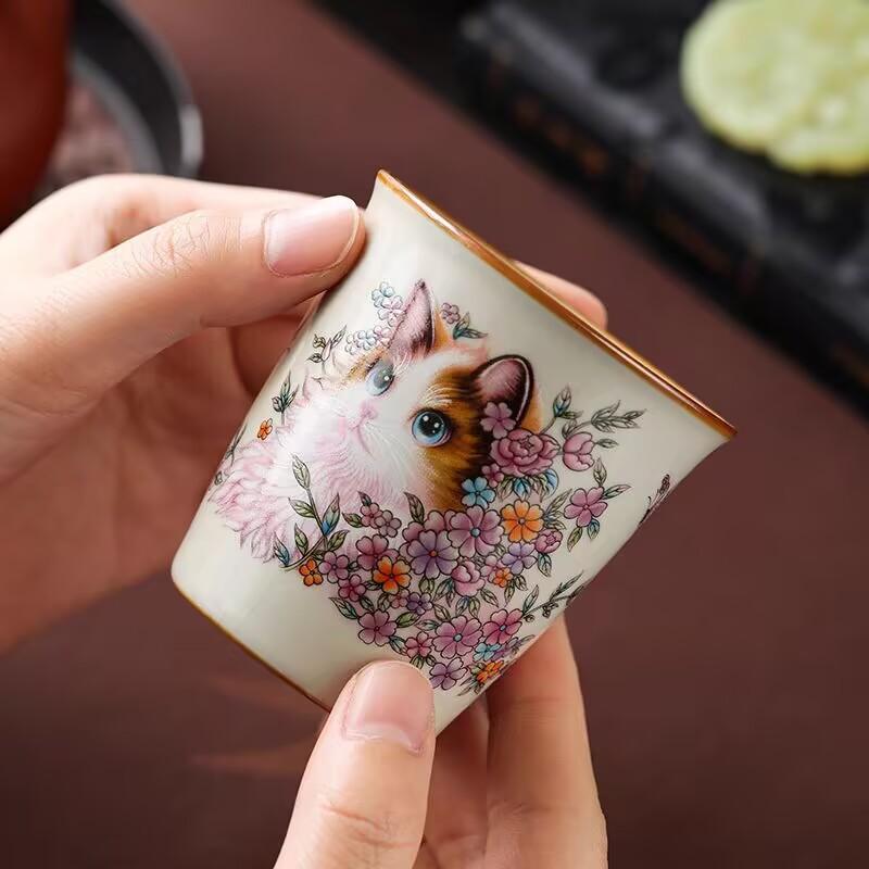 Ru Kiln Persian Cat Teacup Master Cup Single Cup Ceramic Tea Cup Tea Cup Household High-End Tea Cup Small Coke Cup