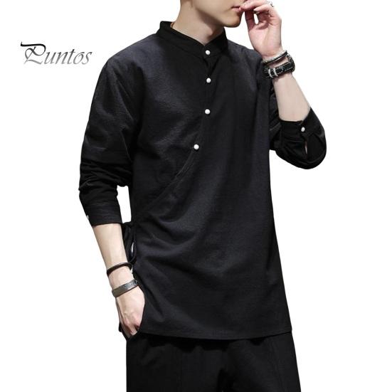 

Мужская рубашка с воротником-стойкой и длинными рукавами в стиле ретро, ​​этнический китайский стиль ханьфу, на шнуровке, однотонный, свободный, плюс размер, костюм Тан с боковым разрезом, топ 4XL чёрный