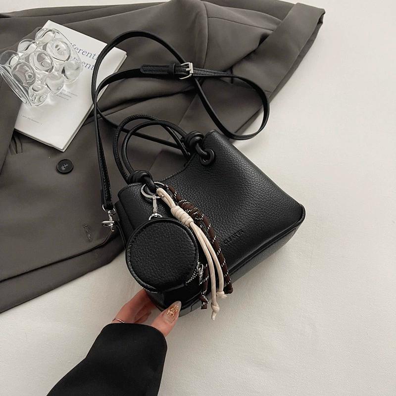 

Women s Mini Lychee Texture Bucket Handbag, Top Handle Crossbody Bag with Coin Purse, Knot Design Fashion Tote for Daily чёрный