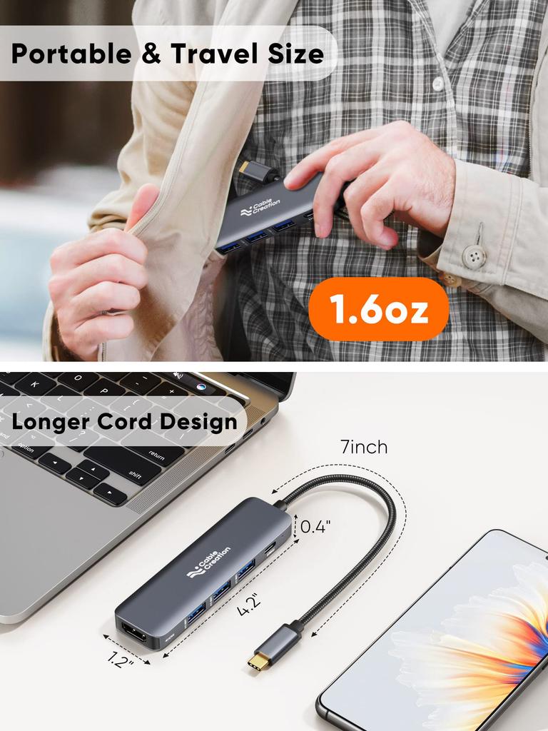 CableCreation USB Type C HDMI Hub with 100W and 3 USB Compatible with iPhone iPhone 15 Pro MacBook MacBook Air iPad Surface and XPS 5-in-1 4K@30Hz