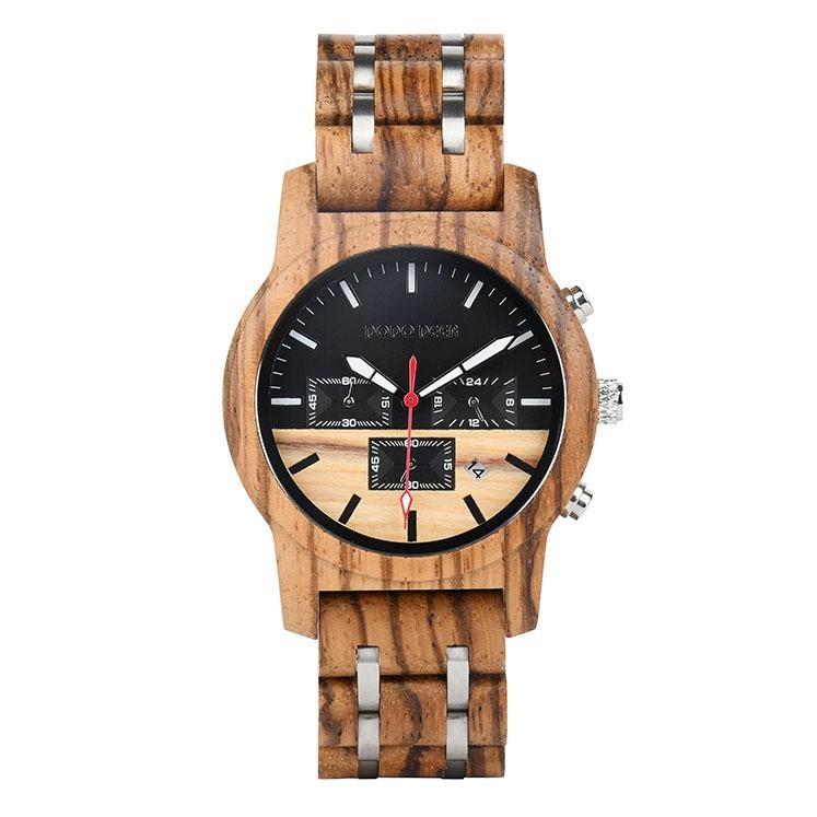 Wood Watch Multifunctional Luminous Calendar Chronograph 3-sub Dials Wooden Quartz Wristwatch Gift