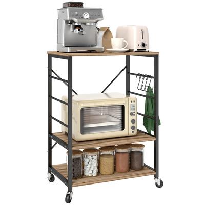 3-Tier Kitchen Shelf Industrial Style with Wheels and 4 Hooks, Steel Structure, 60x40x84 Cm, Teak