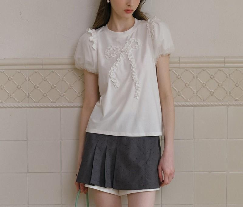 ISLOVE Unique Super Good-looking Fungus Lace Bow Top White Organza Bubble Sleeve T-shirt Women's Summer