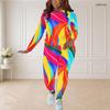 Women Plus Size Round Neck Long Sleeve Blue White Printed Fitted Two Piece Pants Set
