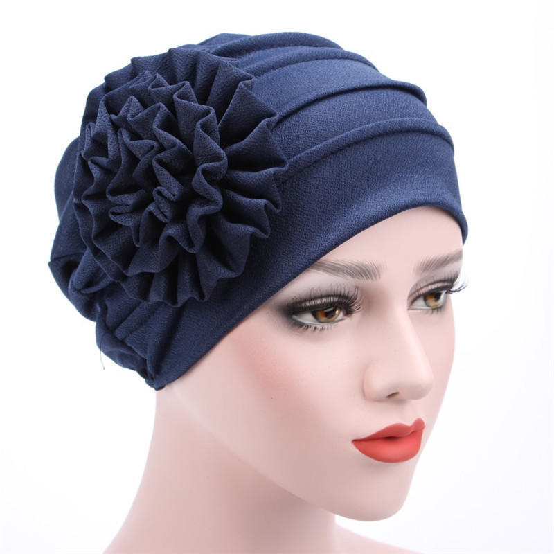 Muslim Fashion Solid Color Women Hijab Turban Beanie Hat Wth Flower Chemo Headwear Elastic Head Wrap Cap