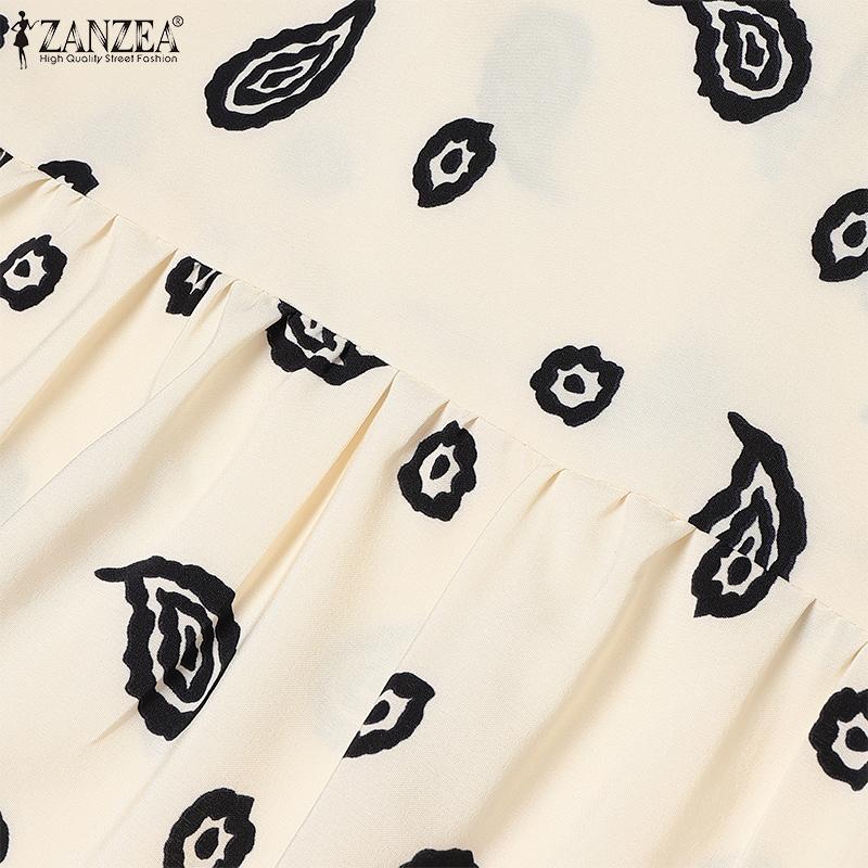 ZANZEA Women Casual Round Neck Long Sleeve Loose Retro Print Dress