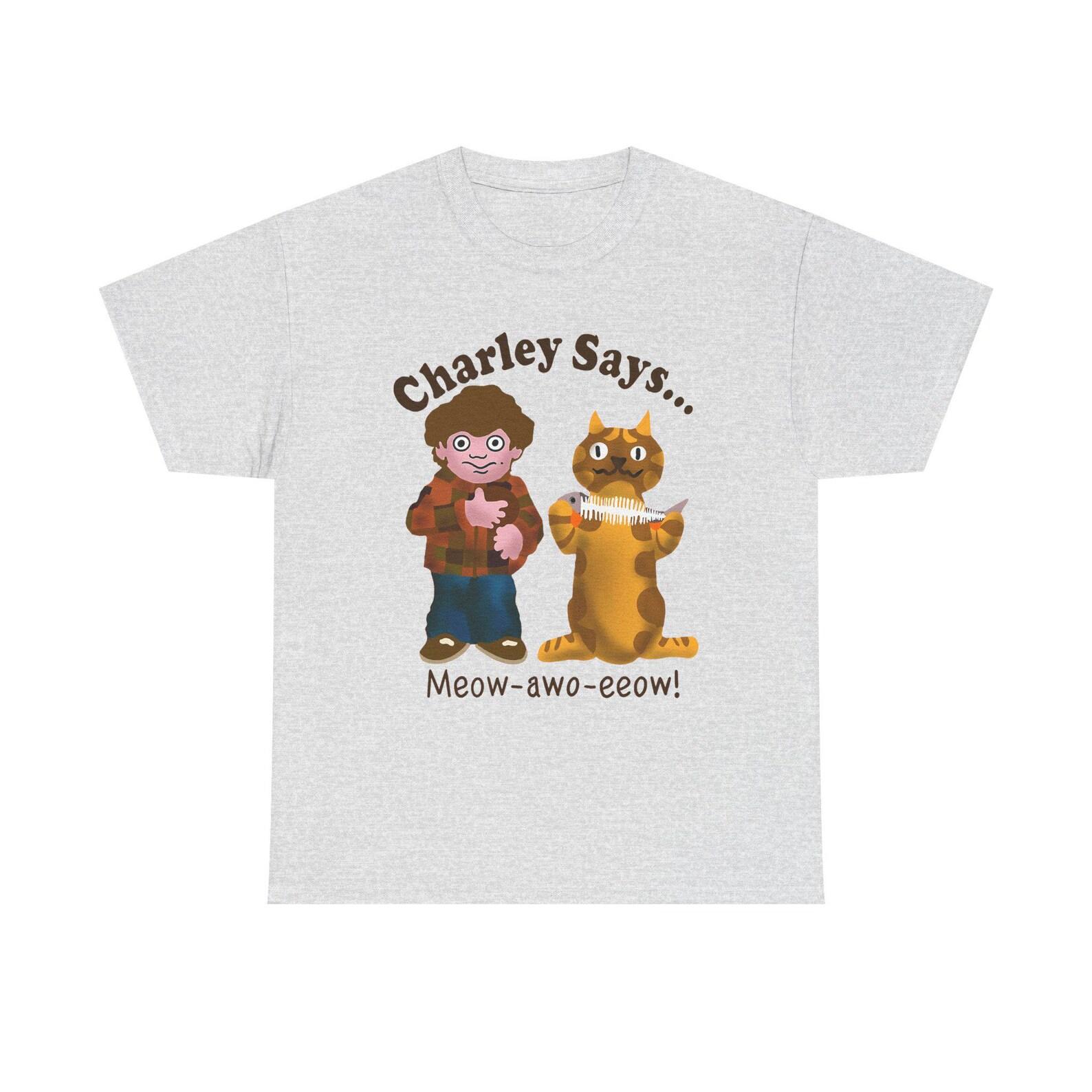 Charley Says Retro Cartoon Cat T-Shirt: Meow Awo Eeow Graphic Tee S