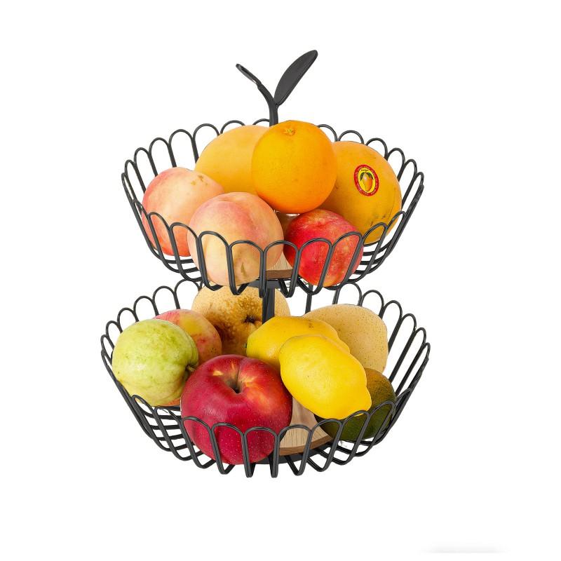 Double-Layer Metal Fruit Basket With Wooden Base Detachable Handheld Storage Rack Kitchen Living Room Snacks Candy
