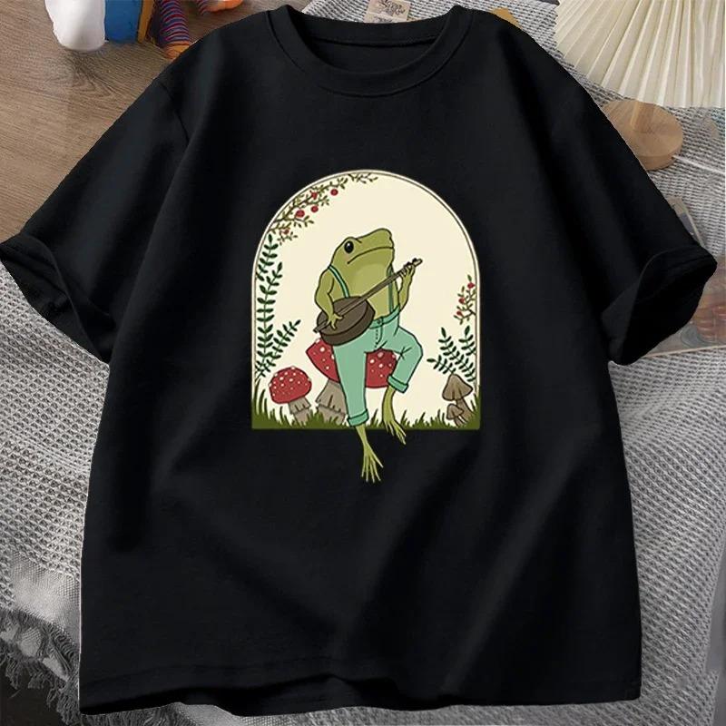 

Cute Cottagecore Tshirts Aesthetic Frog Playing Banjo on Mushroom T Shirt Women Summer Short Sleeve Tee Shirt Women Clothes Y2K S