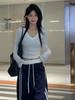 Korean Style Women's White V-Neck Long-Sleeve Slim Fit Cropped Top - Autumn Waist-Cinched Hot Girl Inner Layer Tee
