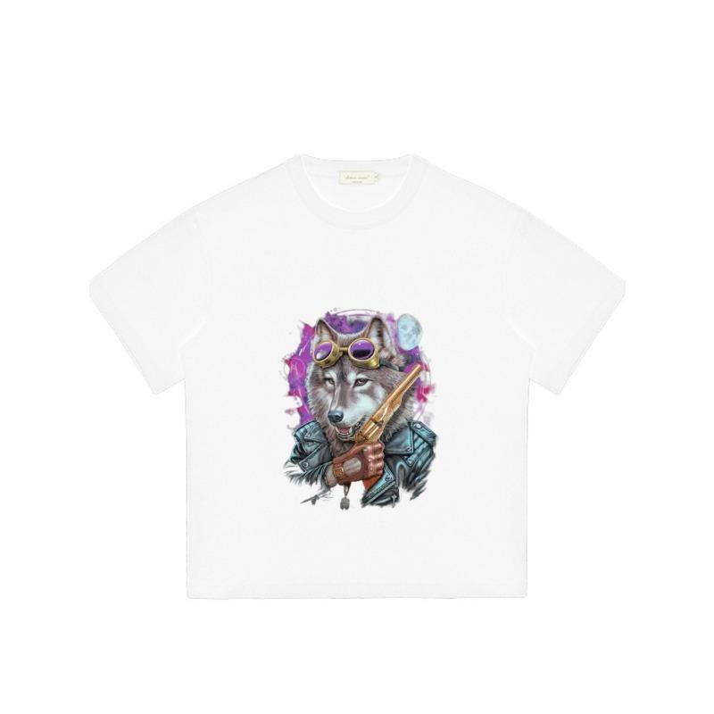 White T Shirt Wolf with Goggles and Gun Graphic Print Casual Streetwear Top for Men and Women