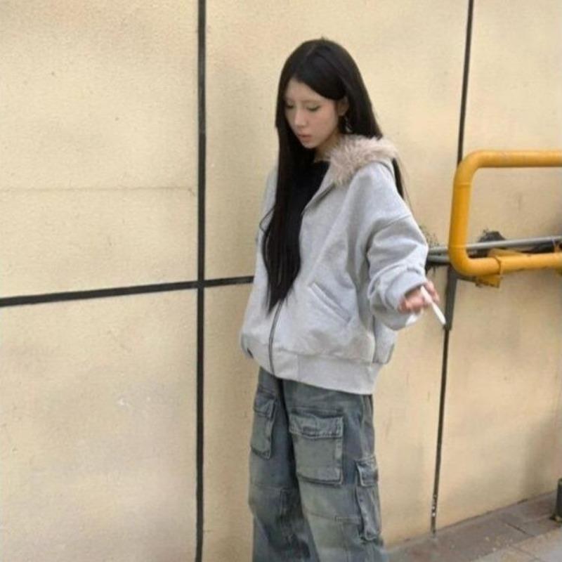 2KWEIRD Harajuku Ležérne Kožušinové Patchworkové Mikiny s Kapucňou Dámske Y2k Estetické Voľné Vreckové Streetwearové Bundy Grunge Jesenné Mikiny