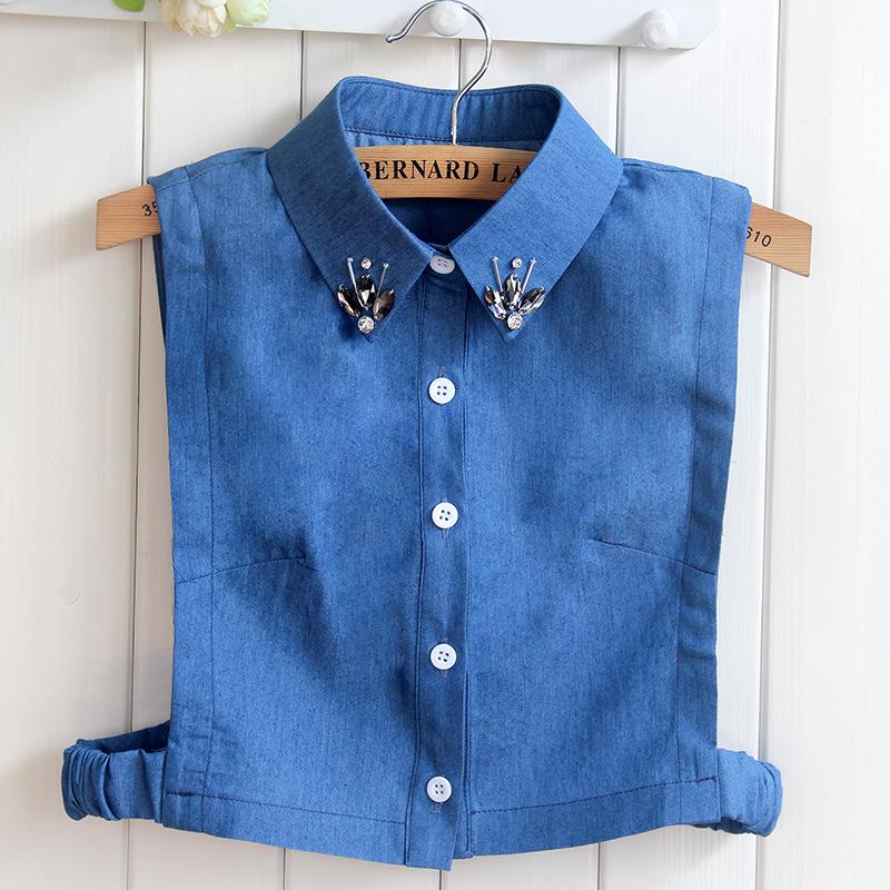 Women s Versatile Rhinestone Studded Denim Faux Collar Shirt - Korean Style for Spring, Autumn  Winter