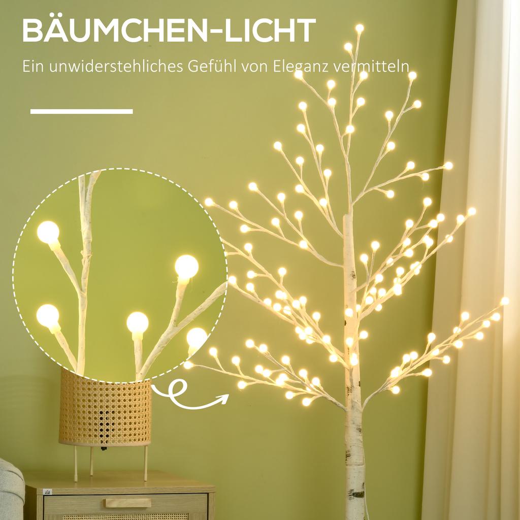 Artificial Birch with 120 LED Lights, 3 Brightness Levels, Foldable Branches, IP44, 150 Cm, White