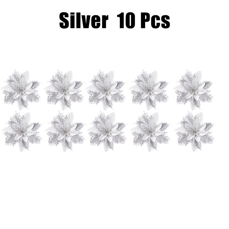 10/30/50PCS Glitter Christmas Flowers Fake Flower Tree Decorations 2026 Home Tree Pendant Ornaments Navidad New Year Gift