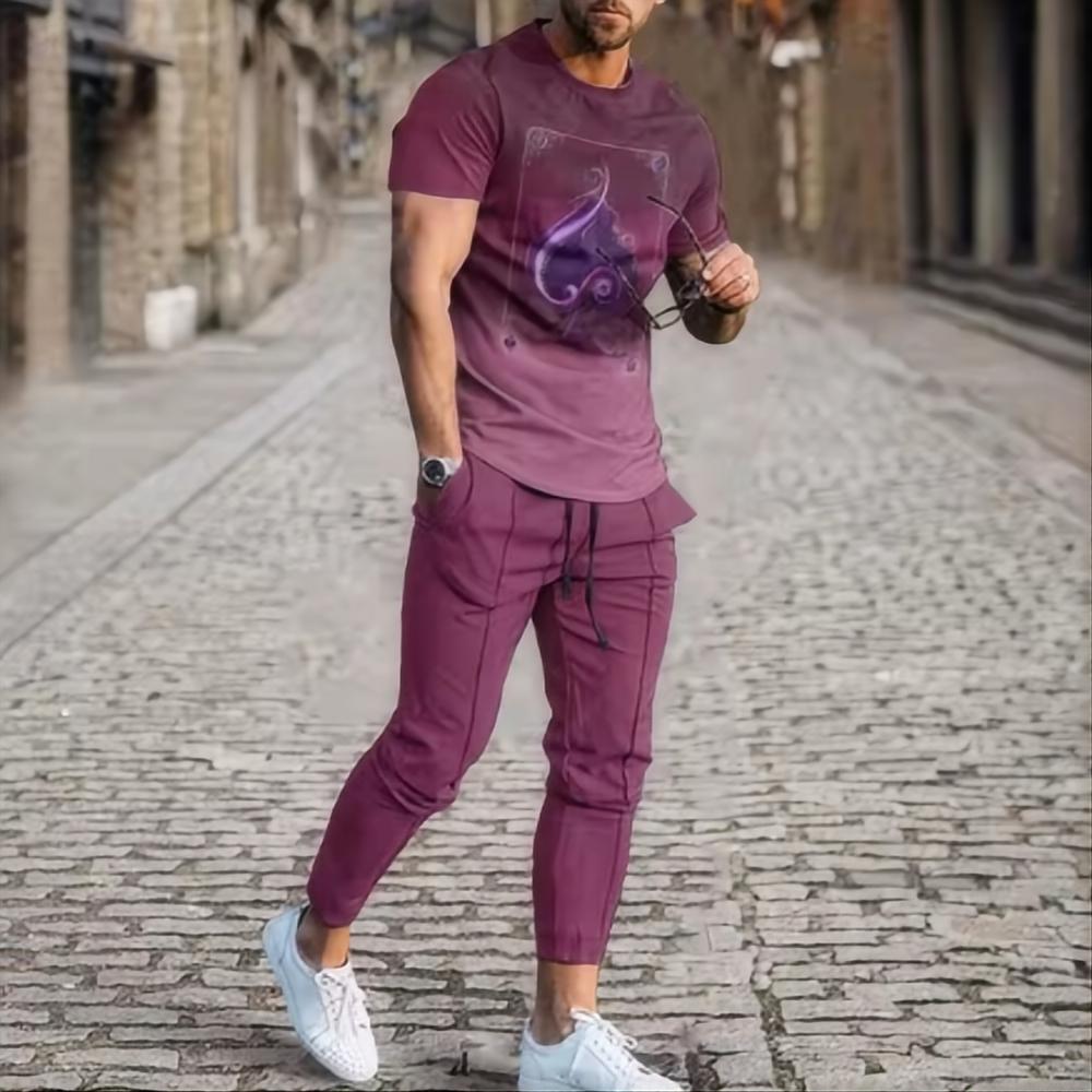 2024 Herren Sommeranzug Gradient Trend Kurzarm T-Shirt Lange Hose 2-teiliger Anzug 3D-Druck Retro-Stil Rundhals Streetwear