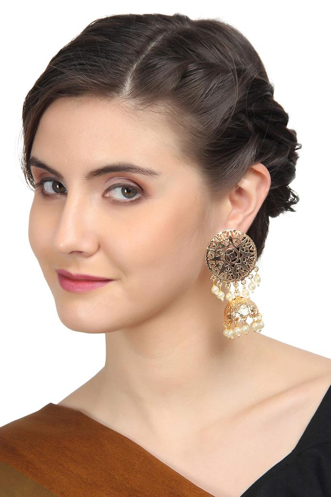 Touchstone Indian Bollywood Innovative Finely Embossed Architectural Style Bridal Chandelier Jewelry jhumki earrings hung with tassel pearl tassels