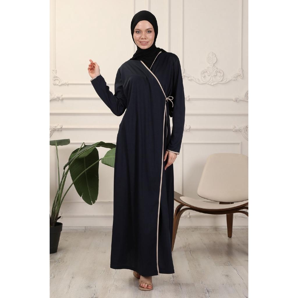 Black Double Breasted Neck Piping Flexible Interlock Fabric Prayer Dress