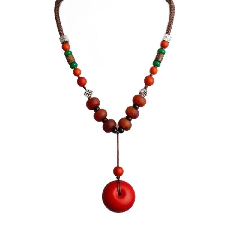 Vintage Zen Fashion Imitation Agate Pendant Necklace Collarbone Chain Couple Simple Ethnic Style Black Rope Chain Sweater Chain
