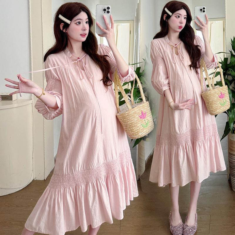 2026 Spring/Summer Solid V-Neck Lace-Up Loose Maternity Dress