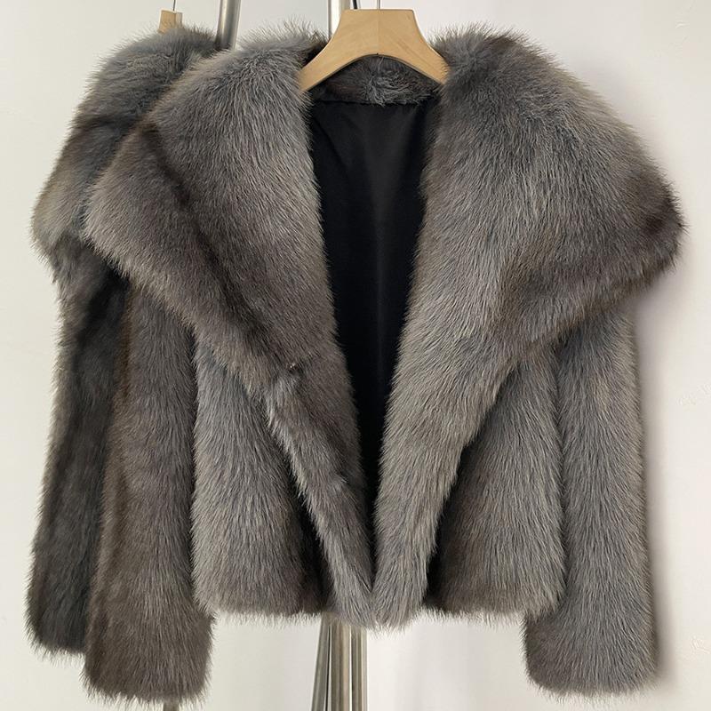 Winter-Kunstpelzmantel Damen Kunstfuchsfell Kurz Mode Gestreifter Reversmantel