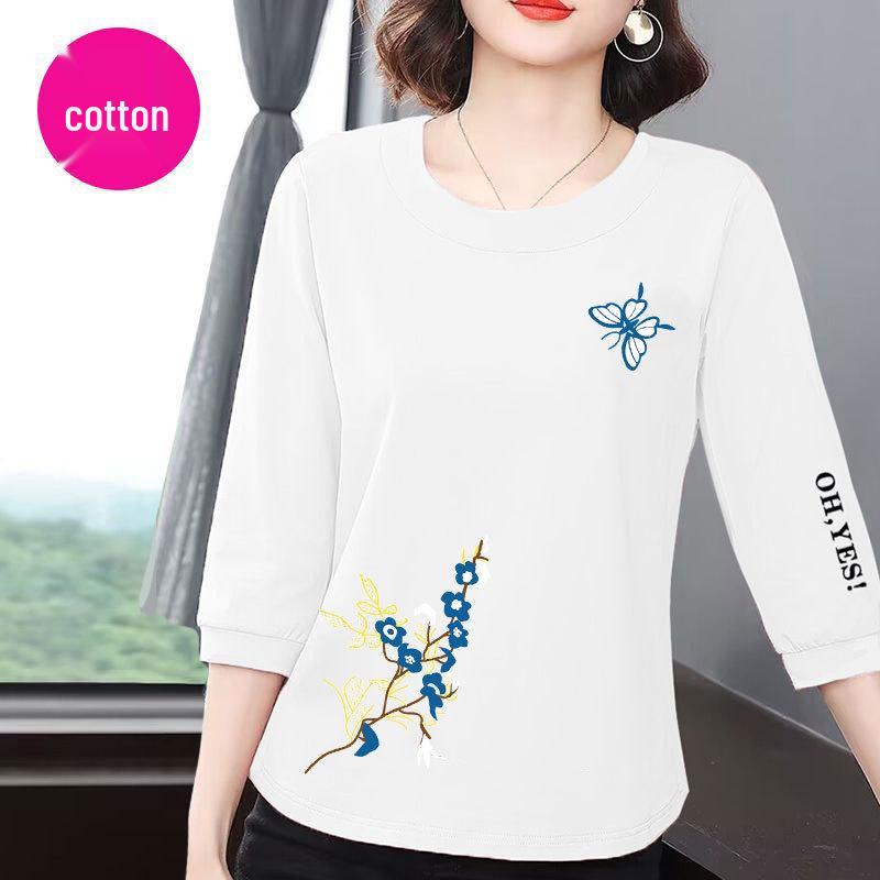 

Хлопковая женская футболка премиум-класса с рукавом 7/8, лето 2025: Корейский стиль, Повседневный, Свободный, Стройнящий, Скрывающий живот, Универсальный топ 2XL 125-140 lbs