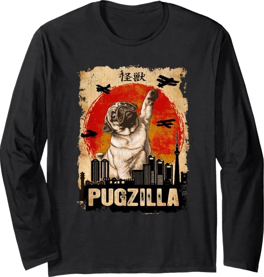 Japanese Kaiju Pugzilla Tee, Retro Vintage Funny Pug, Long Sleeve T-Shirt M