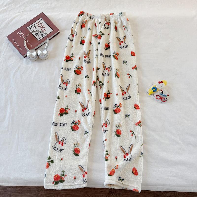 Hello Kitty Coral Fleece-Lined Flannel Pajama Pants for Women - Warm Autumn/Winter Style